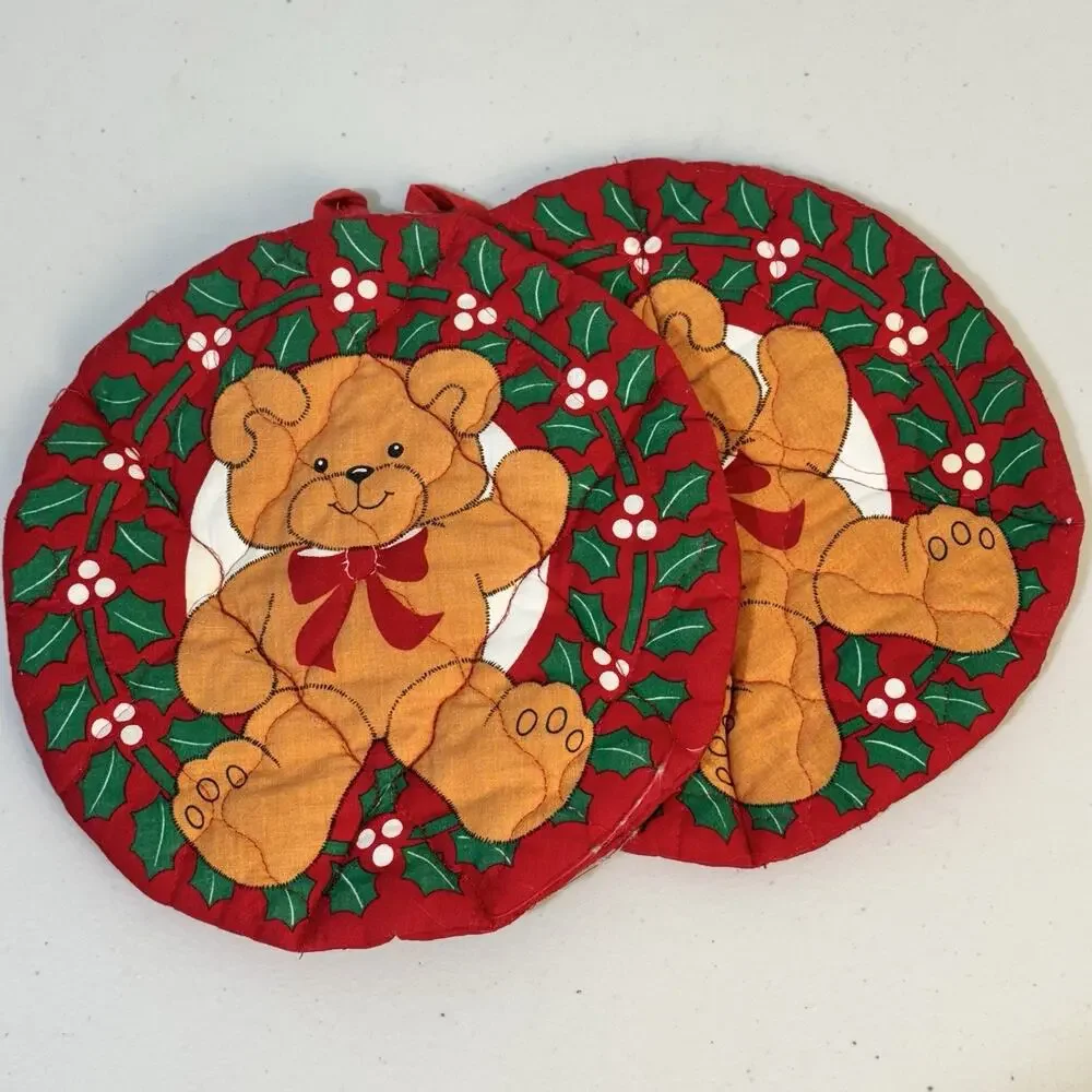 VTG Set Of 2 Christmas Teddy Bear 8.5” Round Red Quilted Fabric Pot Holder